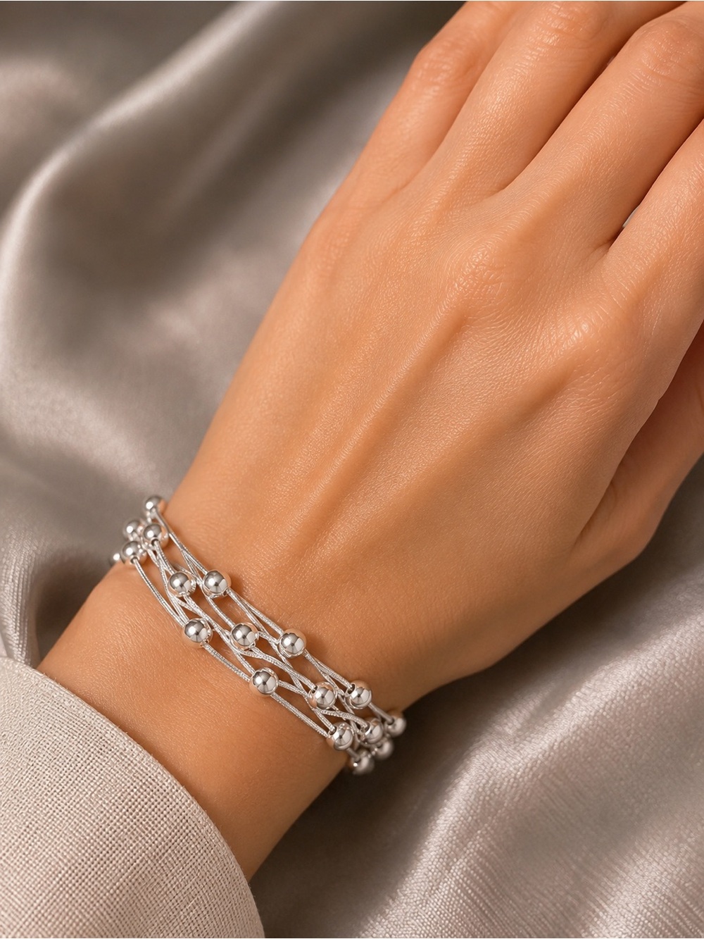 Italian Luxury Boutique Sterling Silver Multi-Strand Beaded Bracelet NWOT